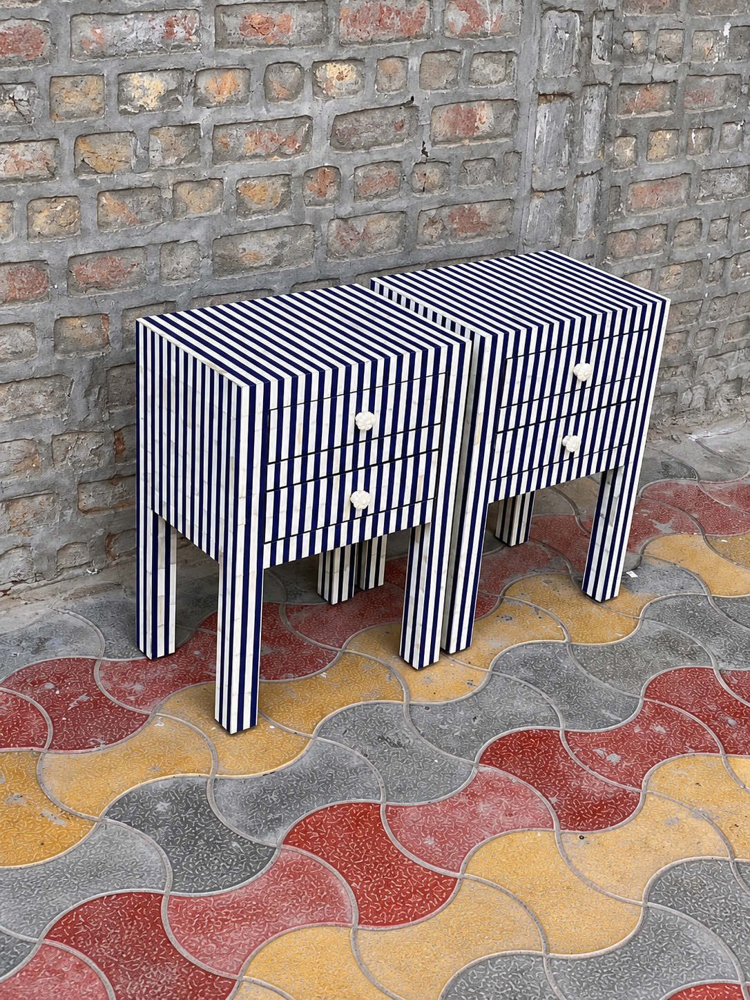 Set of 2 Handmade Blue & White Striped Bone Inlay Bedside Tables – 2 Drawer Nightstands