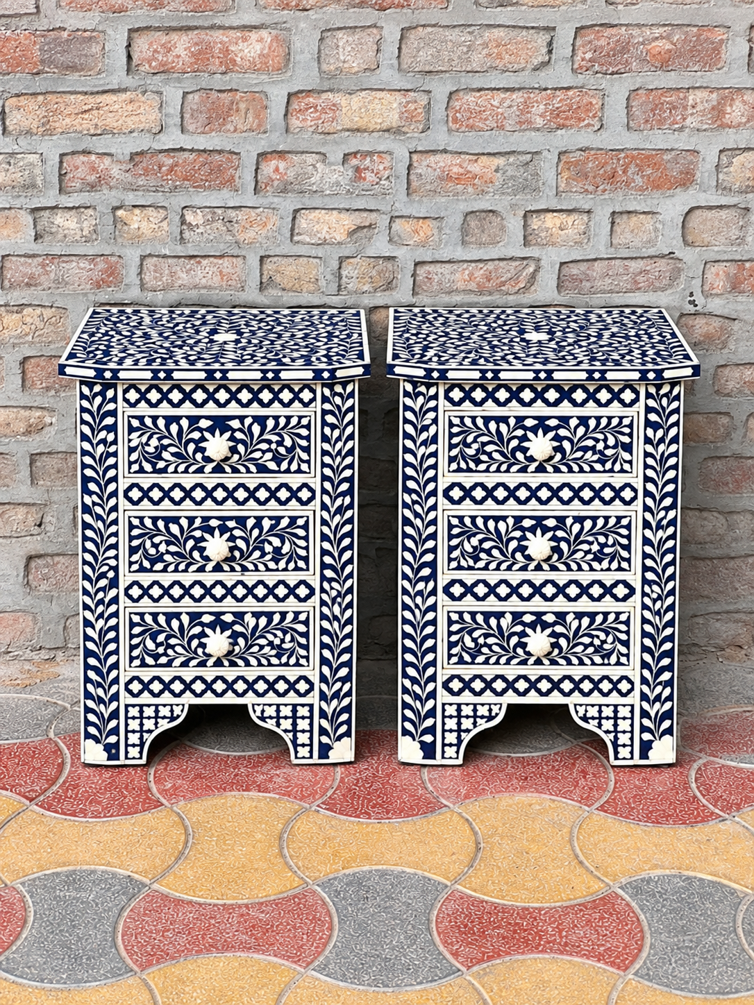 Set of 2 Handmade Blue Bone Inlay Bedside Tables – Floral 3 Drawer Nightstands