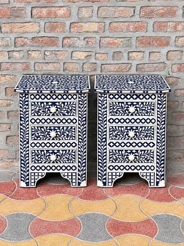 Set of 2 Handmade Blue Bone Inlay Bedside Tables – Floral 3 Drawer Nightstands