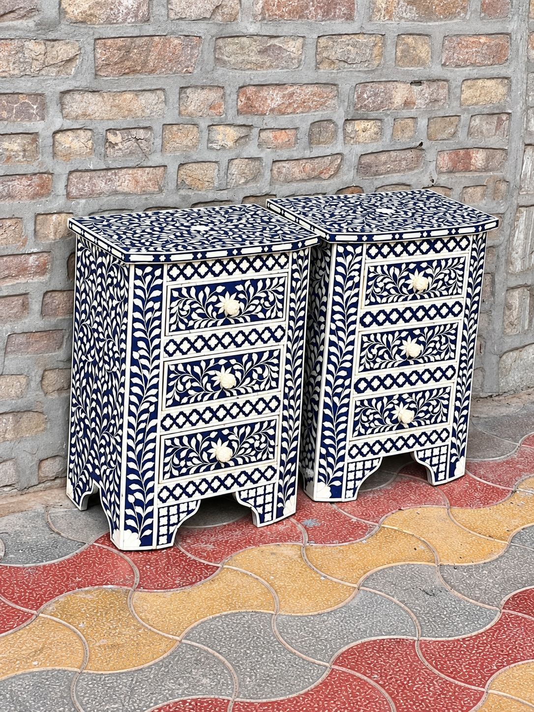Set of 2 Handmade Blue Bone Inlay Bedside Tables – Floral 3 Drawer Nightstands