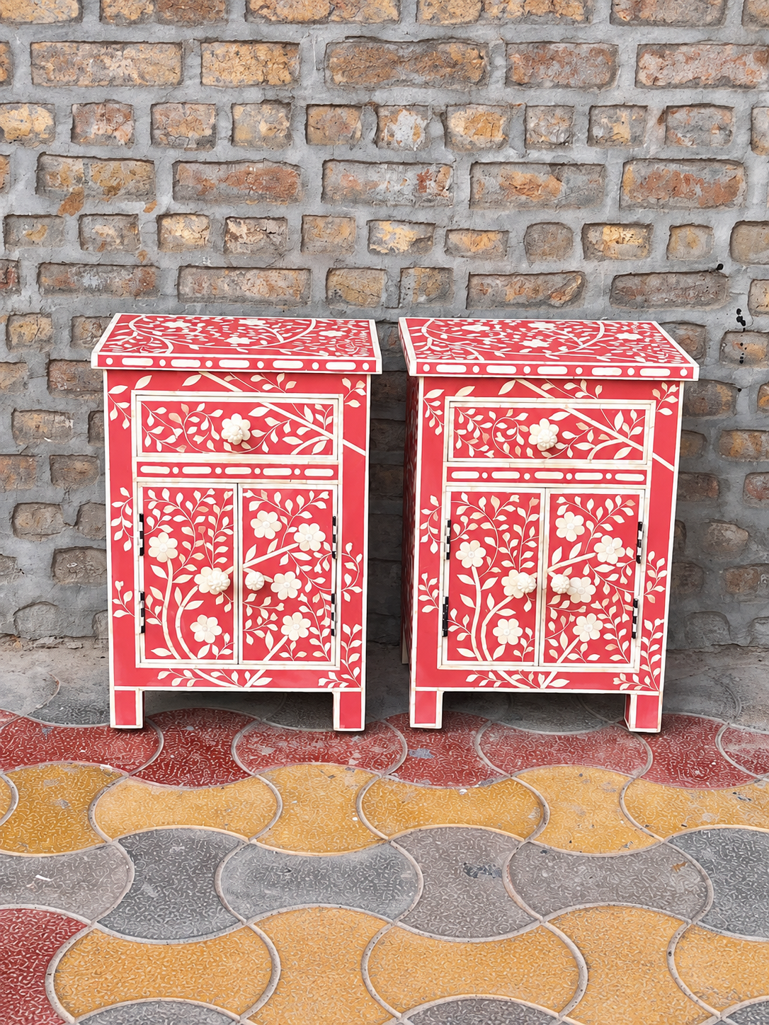Set of 2 Handmade Red Bone Inlay Bedside Tables – Floral Nightstand Cabinets