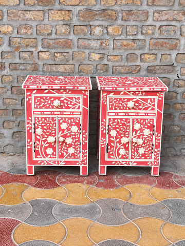 Set of 2 Handmade Red Bone Inlay Bedside Tables – Floral Nightstand Cabinets