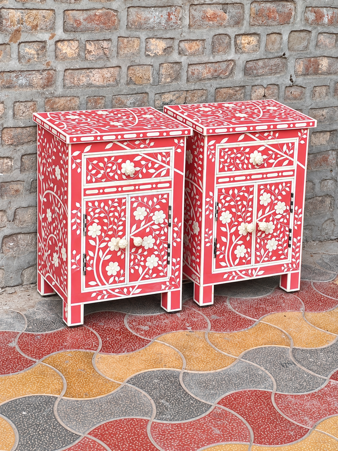 Set of 2 Handmade Red Bone Inlay Bedside Tables – Floral Nightstand Cabinets