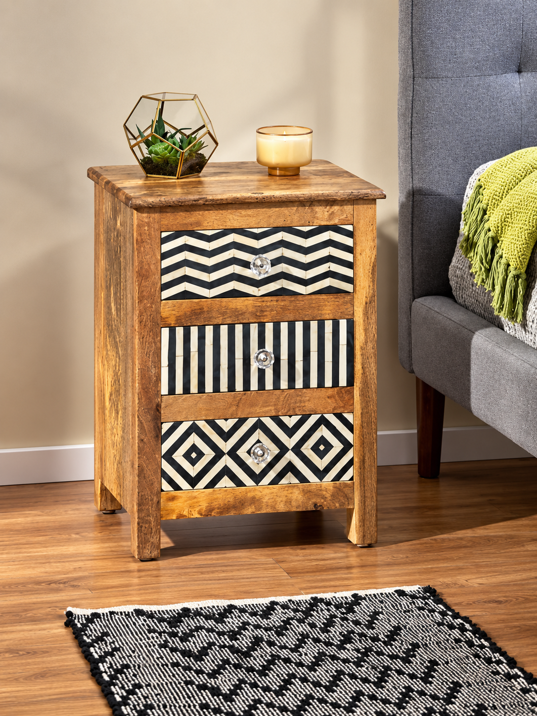 Handmade Black & White Bone Inlay Bedside Table – 3 Drawer Wooden Nightstand