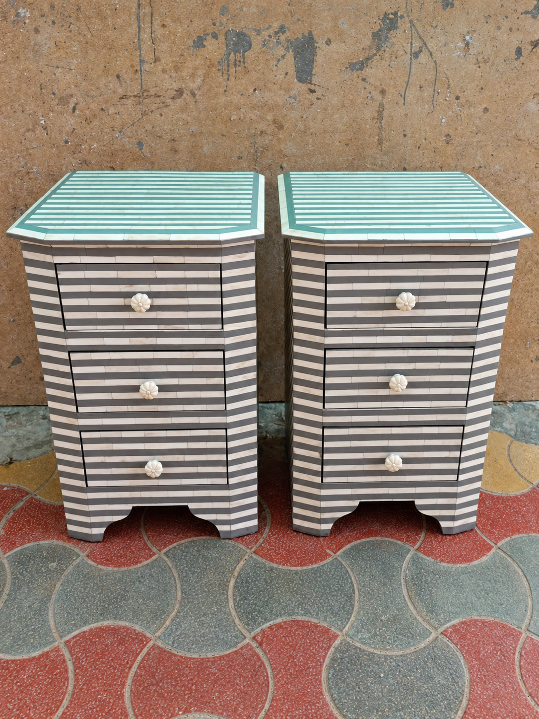 Set of 2 Handmade Striped Bone Inlay Bedside Tables – 3 Drawer Nightstands