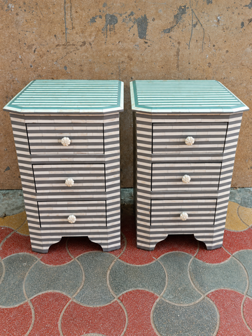 Set of 2 Handmade Striped Bone Inlay Bedside Tables – 3 Drawer Nightstands