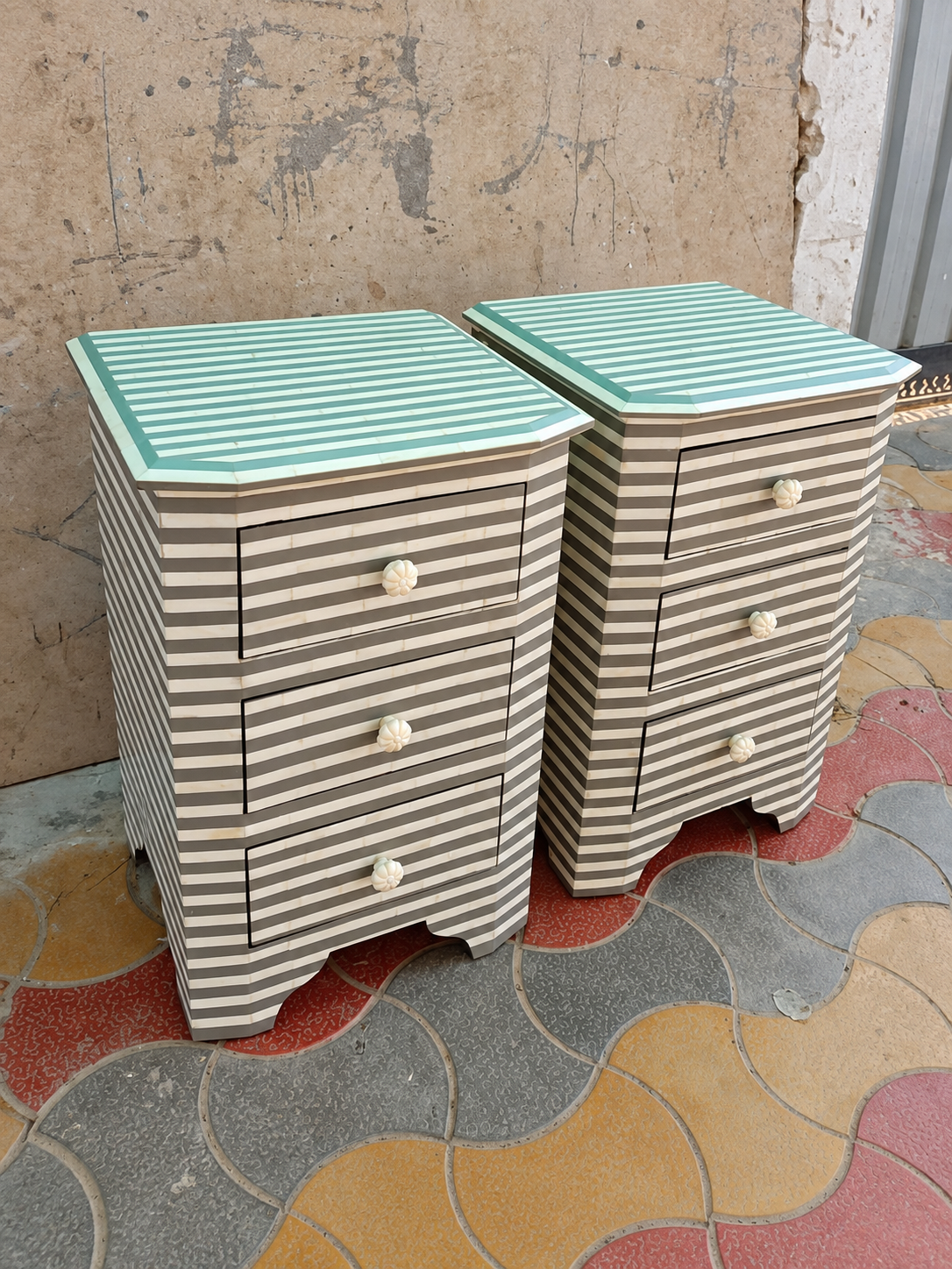 Set of 2 Handmade Striped Bone Inlay Bedside Tables – 3 Drawer Nightstands