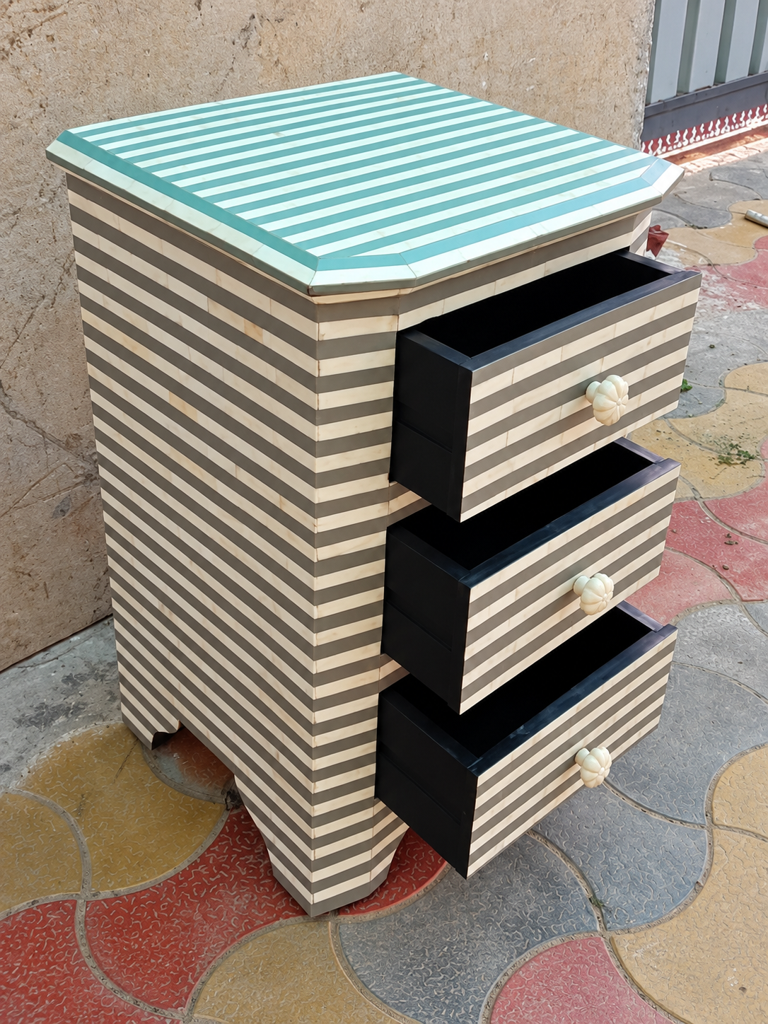 Set of 2 Handmade Striped Bone Inlay Bedside Tables – 3 Drawer Nightstands