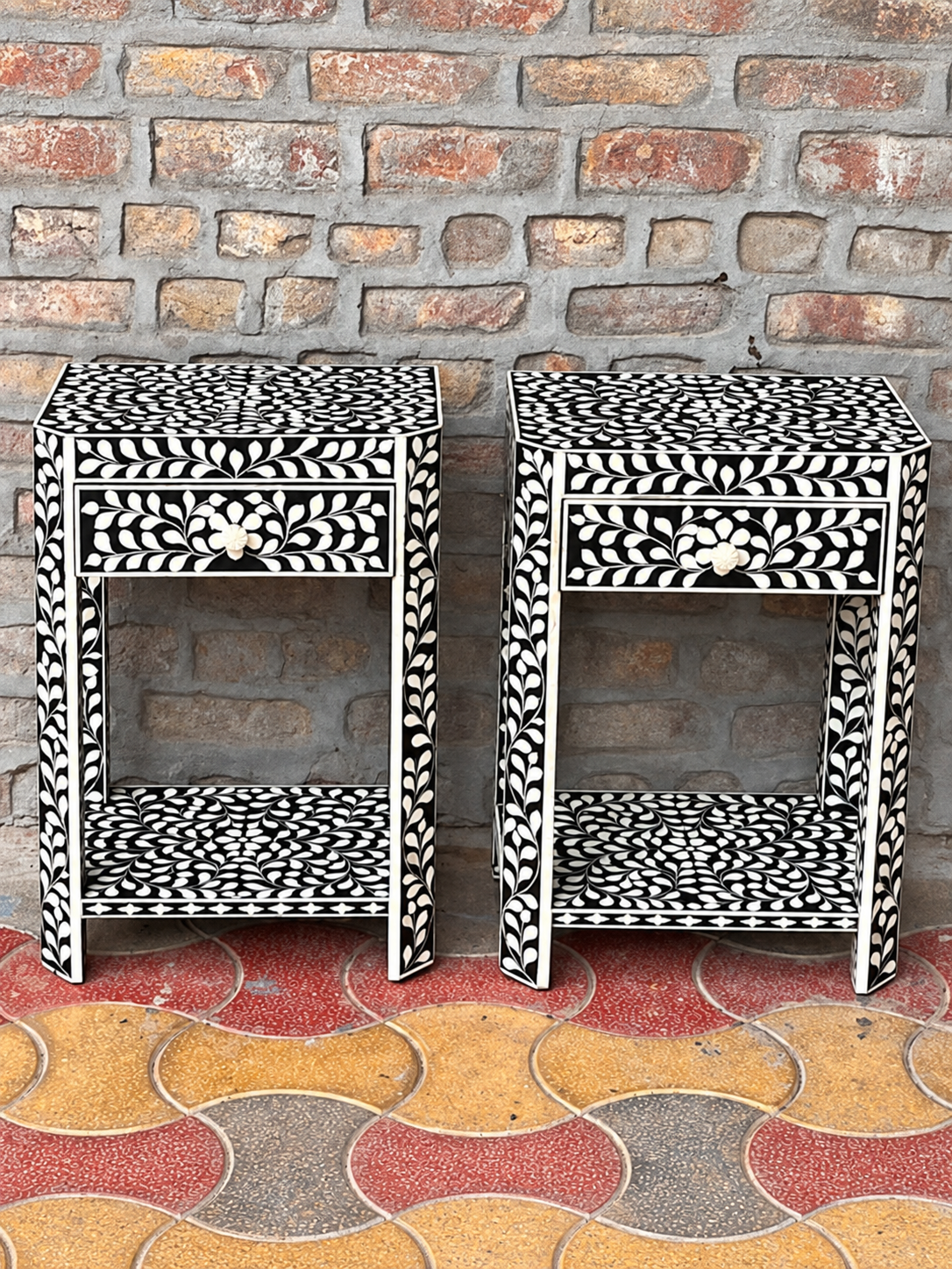 Set of 2 Handmade Black Bone Inlay Bedside Tables – Floral Nightstands with Drawer & Shelf