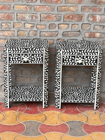 Set of 2 Handmade Black Bone Inlay Bedside Tables – Floral Nightstands with Drawer & Shelf