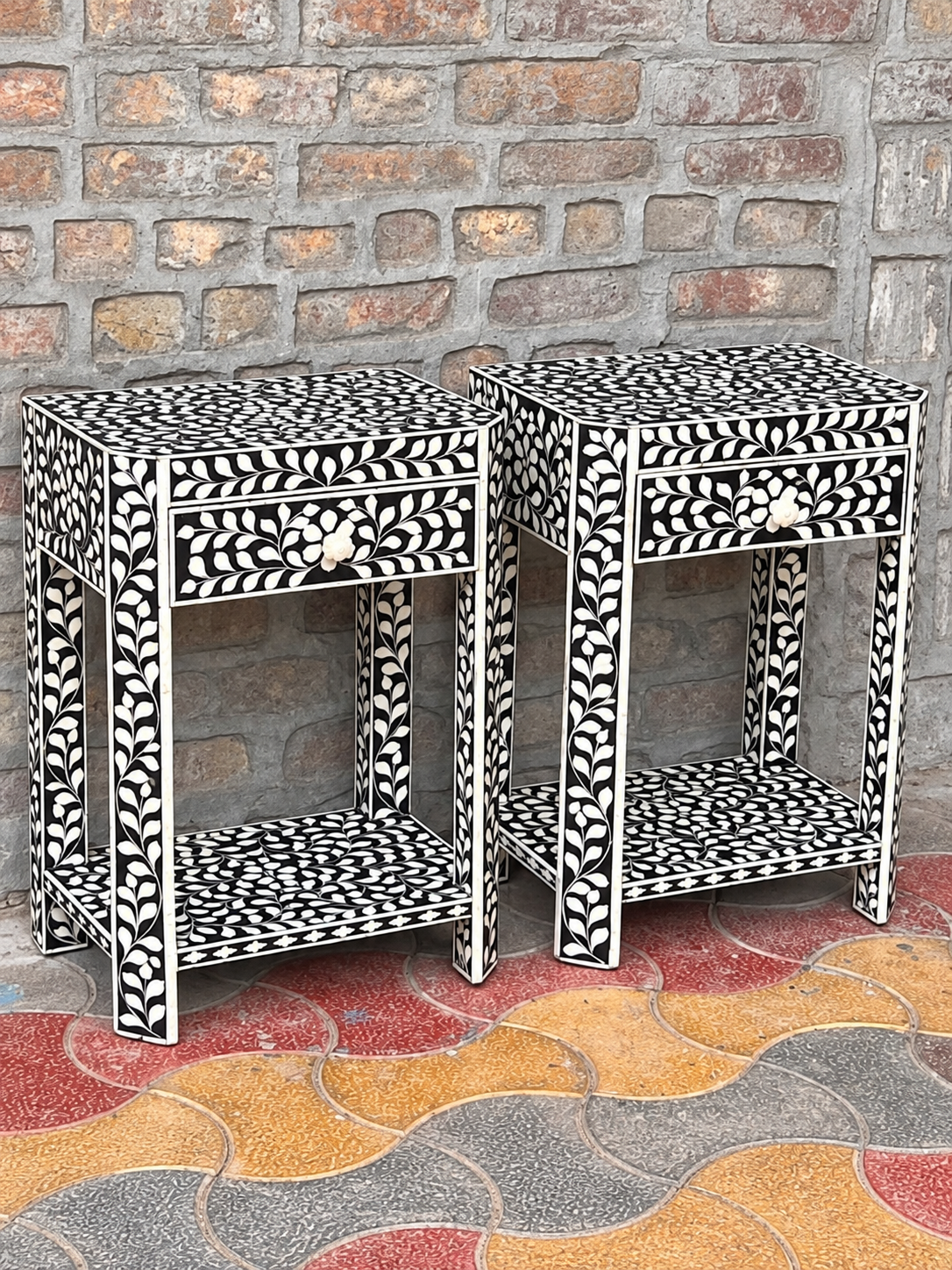Set of 2 Handmade Black Bone Inlay Bedside Tables – Floral Nightstands with Drawer & Shelf