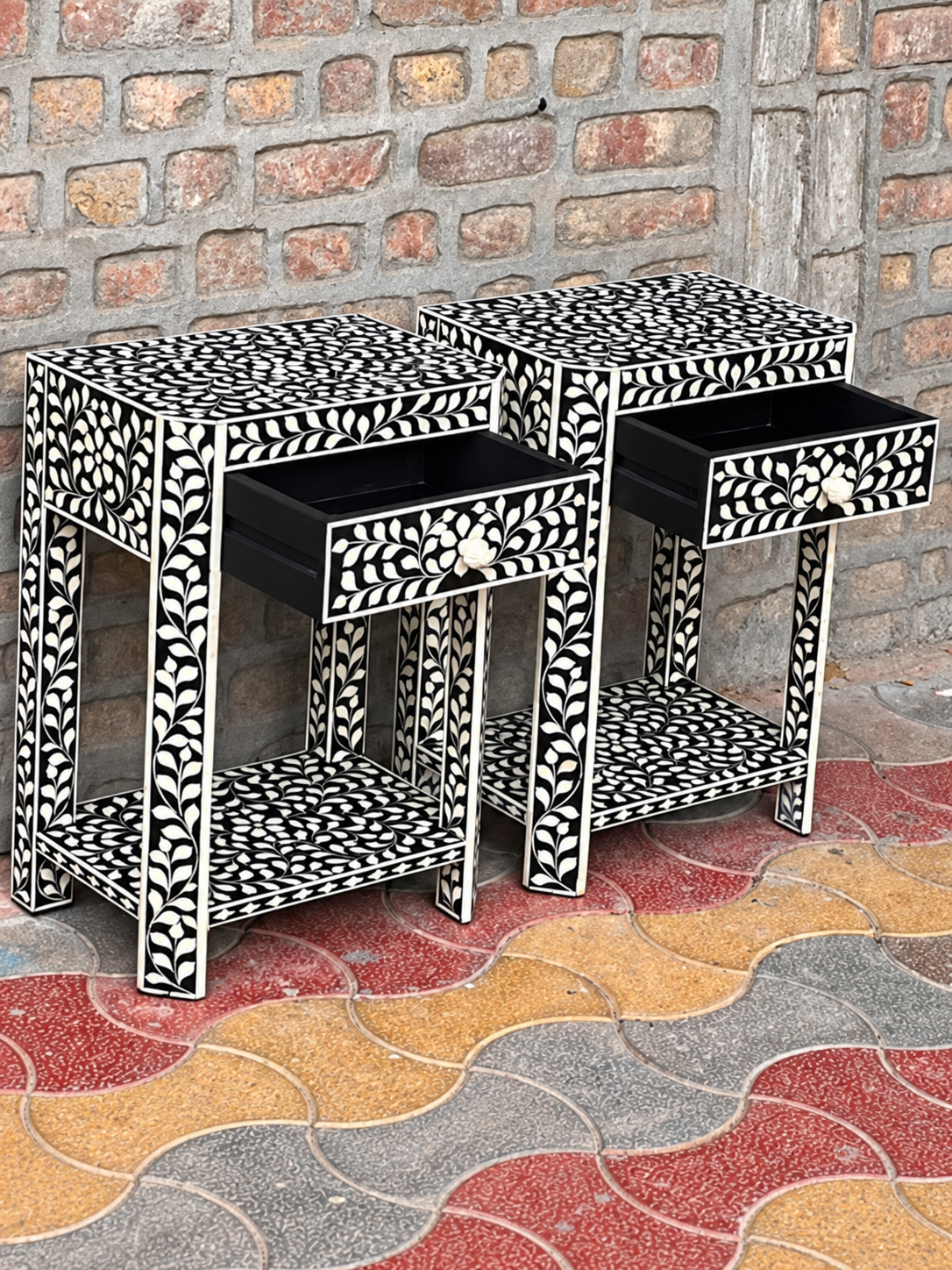 Set of 2 Handmade Black Bone Inlay Bedside Tables – Floral Nightstands with Drawer & Shelf