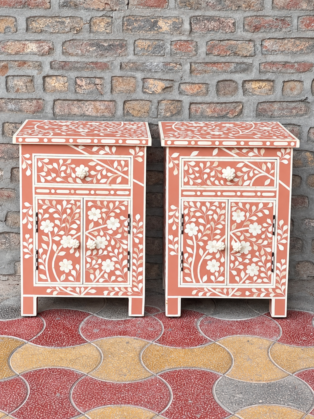 Set of 2 Handmade Coral Bone Inlay Bedside Tables – Floral Nightstands with Drawer & Cabinet