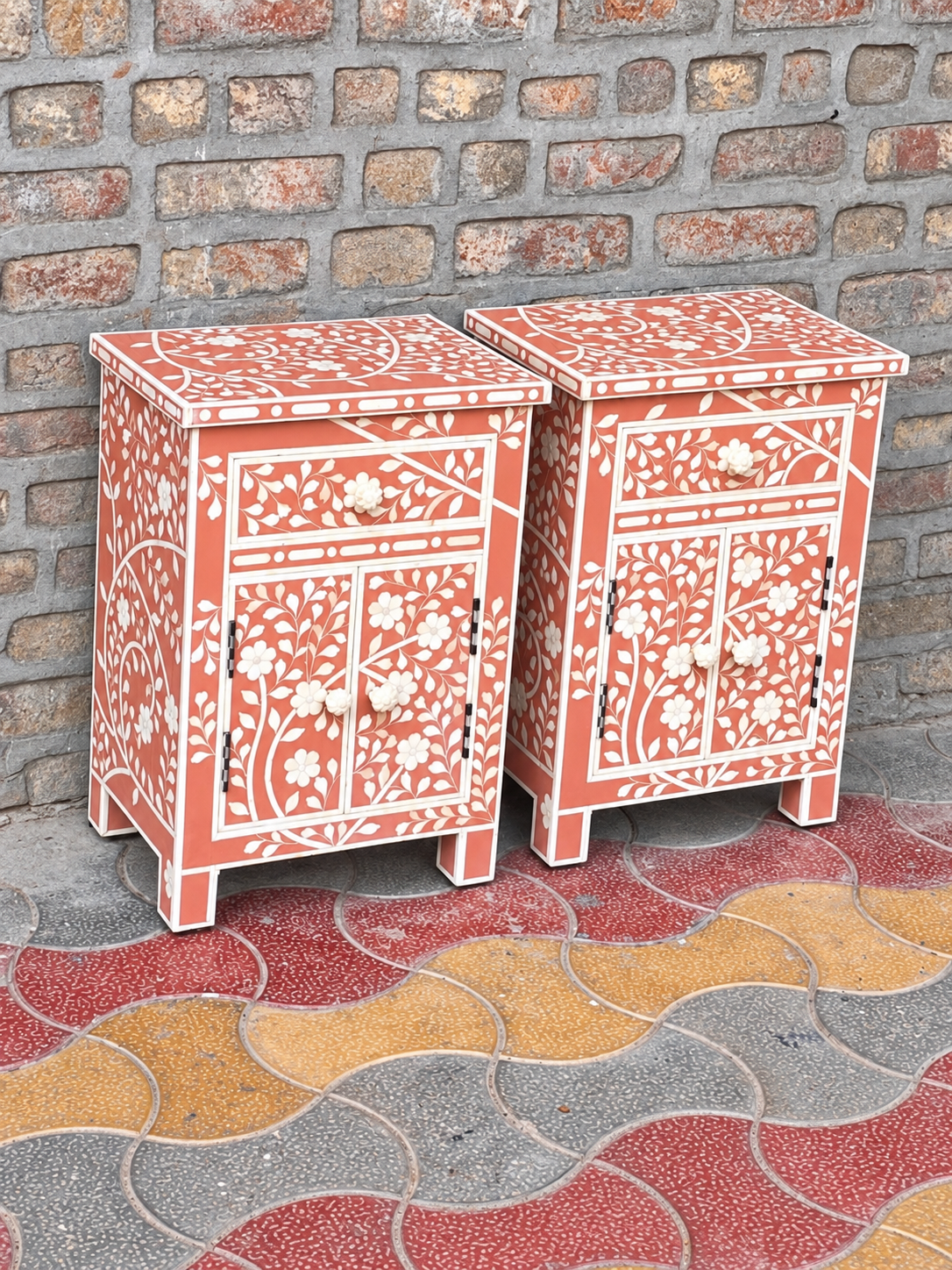 Set of 2 Handmade Coral Bone Inlay Bedside Tables – Floral Nightstands with Drawer & Cabinet