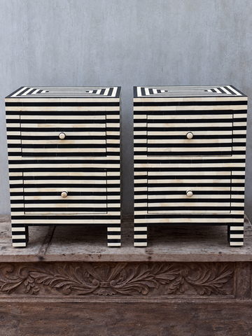 Set of 2 Handmade Black & White Striped Bone Inlay Bedside Tables – 2 Drawer Nightstands