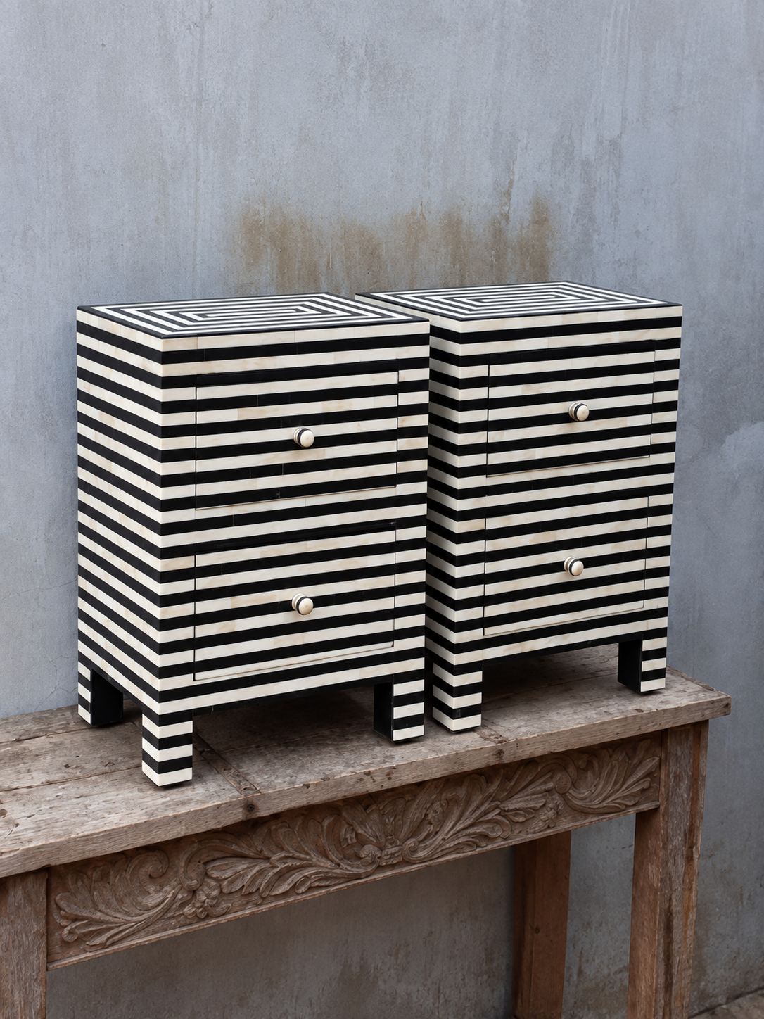 Set of 2 Handmade Black & White Striped Bone Inlay Bedside Tables – 2 Drawer Nightstands