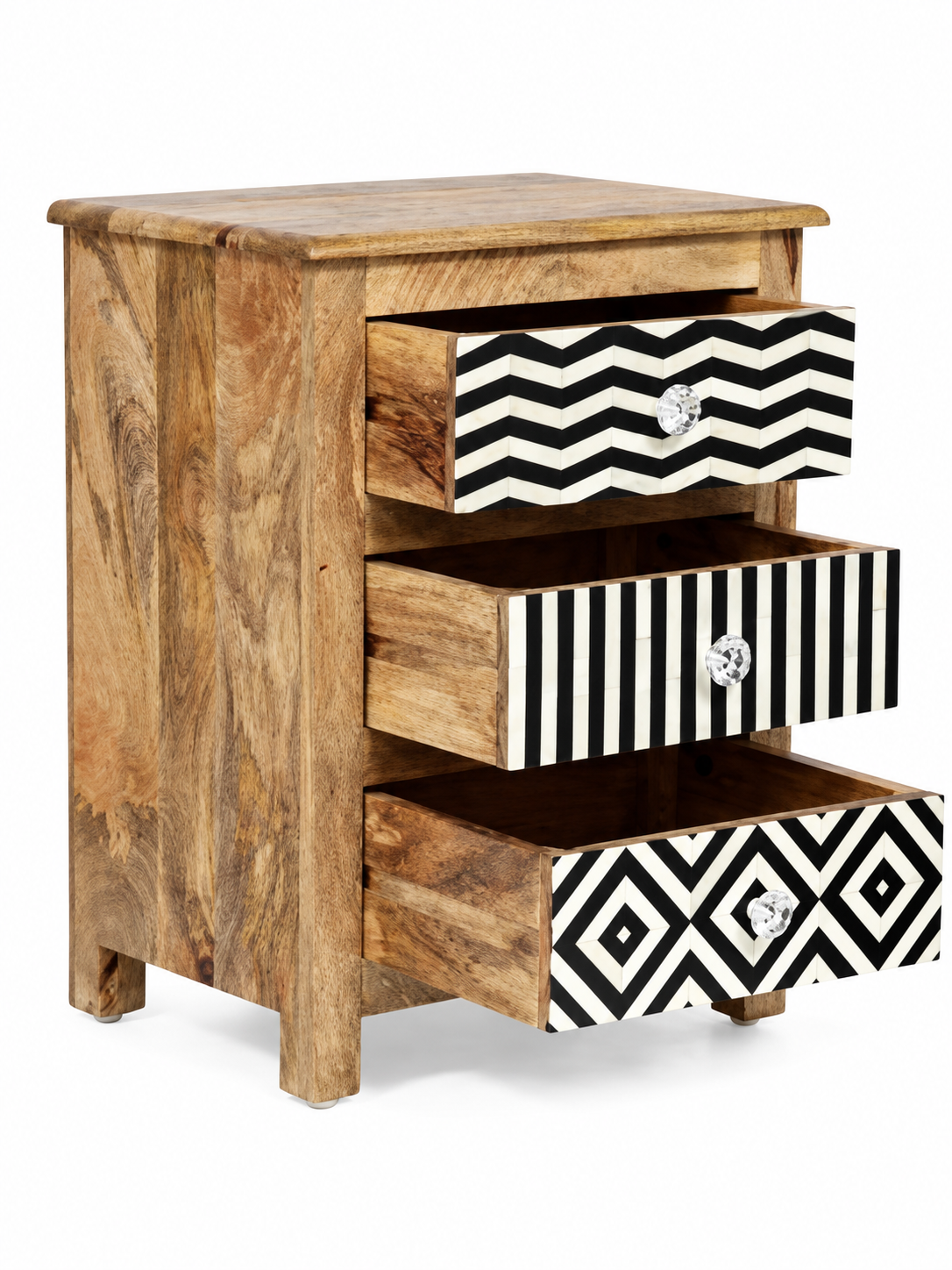 Handmade Black & White Bone Inlay Bedside Table – 3 Drawer Wooden Nightstand