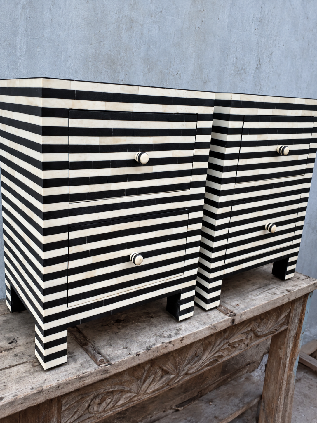 Set of 2 Handmade Black & White Striped Bone Inlay Bedside Tables – 2 Drawer Nightstands