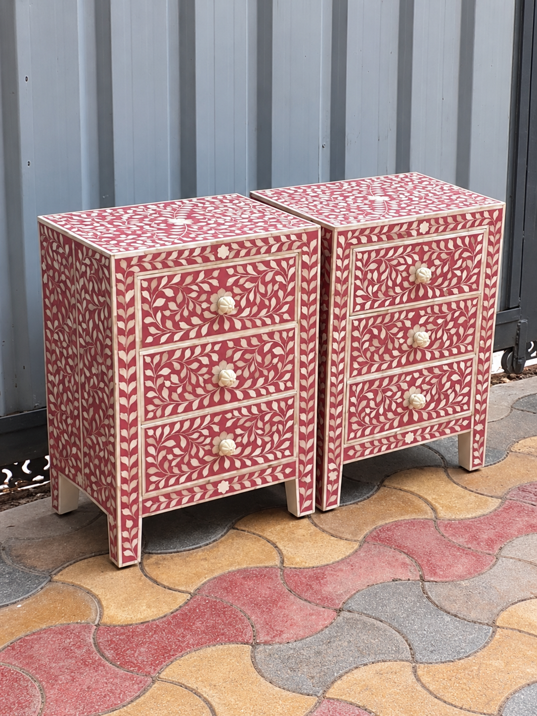 Set of 2 Handmade Red Bone Inlay Bedside Tables – Floral 3 Drawer Nightstands
