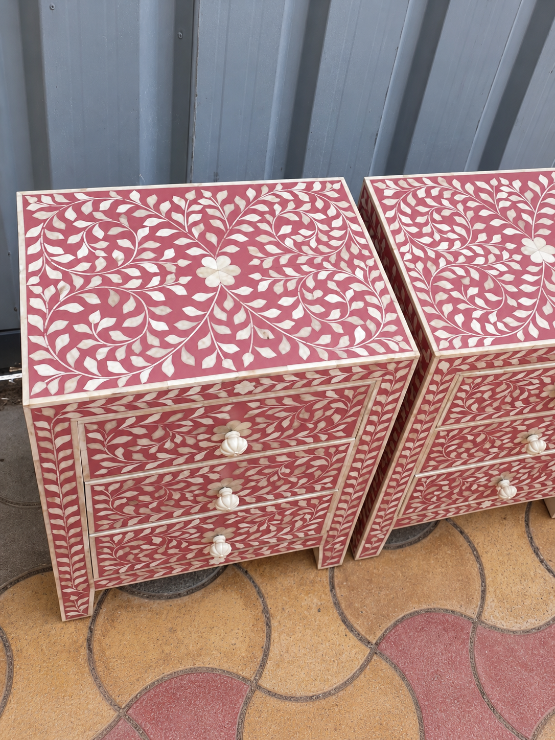 Set of 2 Handmade Red Bone Inlay Bedside Tables – Floral 3 Drawer Nightstands