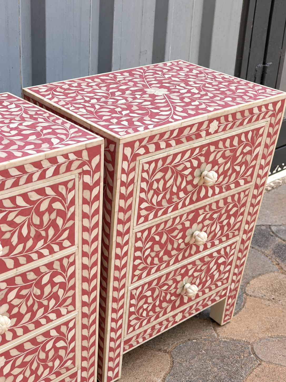 Set of 2 Handmade Red Bone Inlay Bedside Tables – Floral 3 Drawer Nightstands
