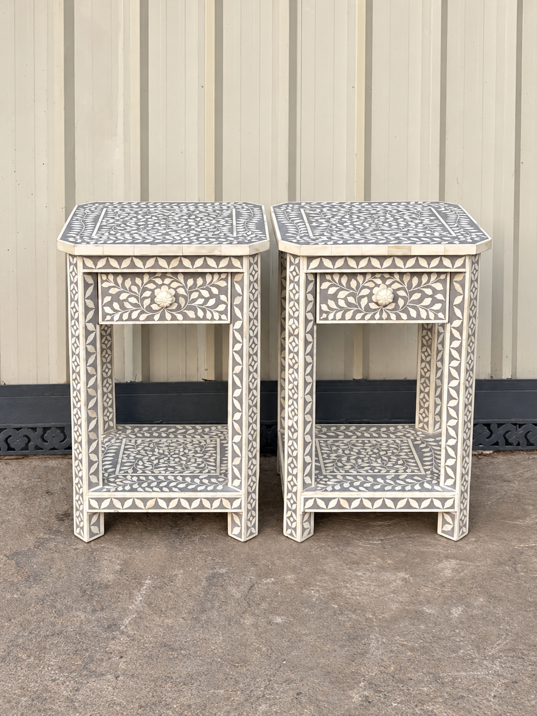 Set of 2 Handmade Grey Bone Inlay Bedside Tables – Floral Nightstands with Drawer & Shelf