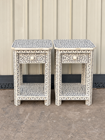 Set of 2 Handmade Grey Bone Inlay Bedside Tables – Floral Nightstands with Drawer & Shelf