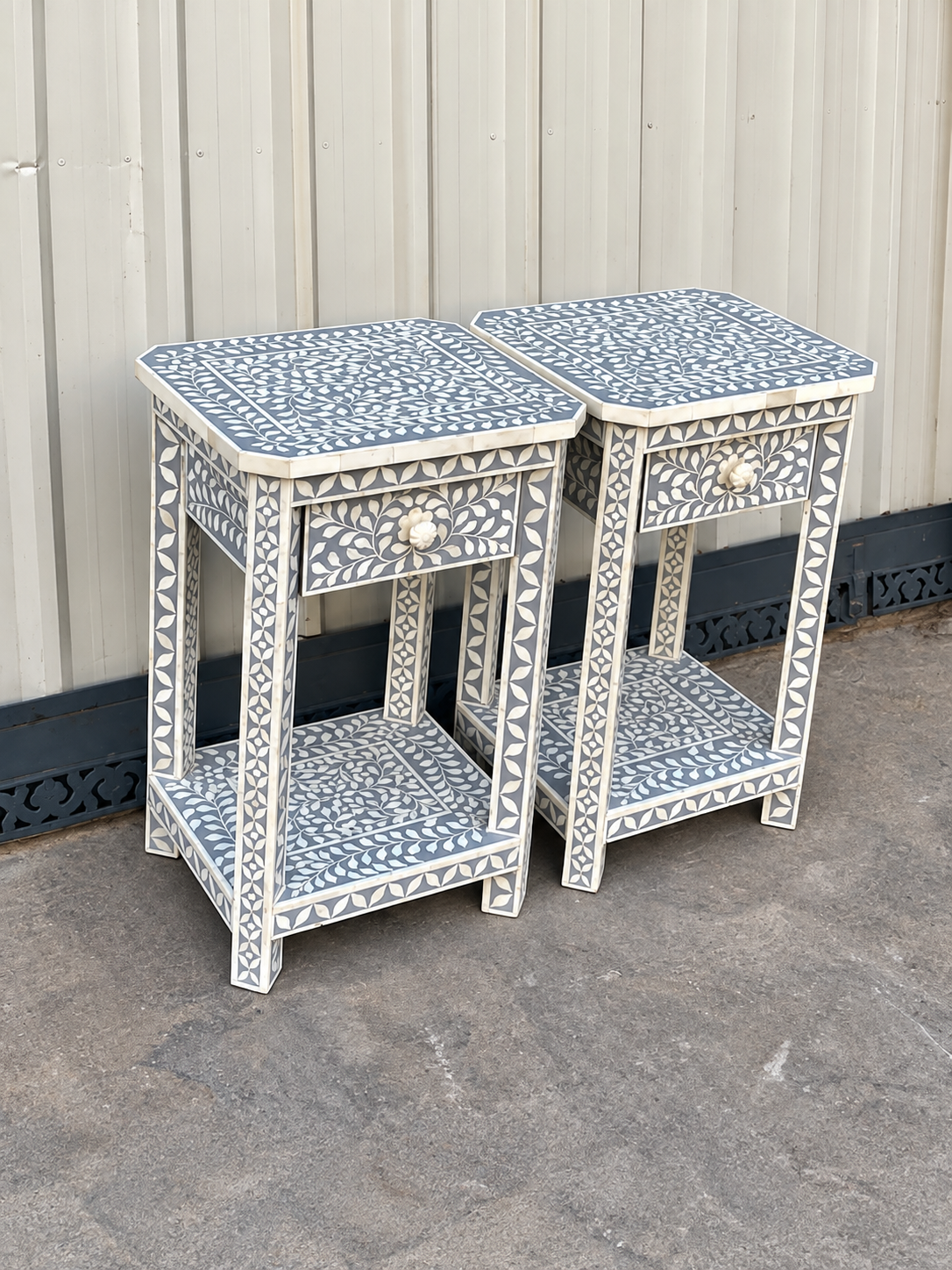 Set of 2 Handmade Grey Bone Inlay Bedside Tables – Floral Nightstands with Drawer & Shelf