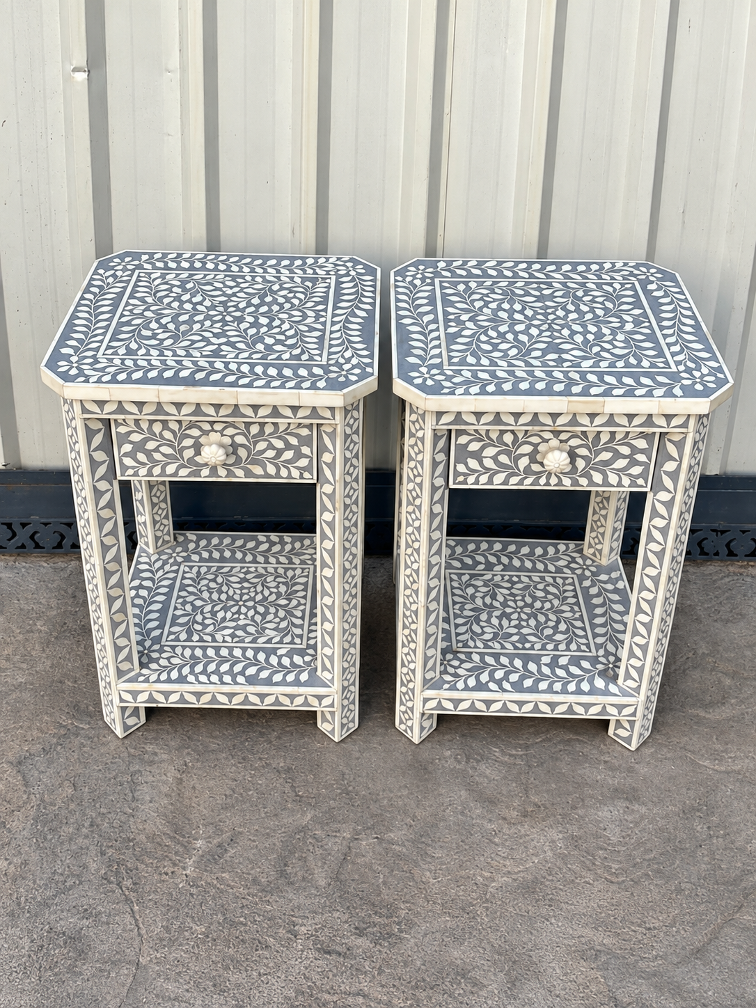 Set of 2 Handmade Grey Bone Inlay Bedside Tables – Floral Nightstands with Drawer & Shelf