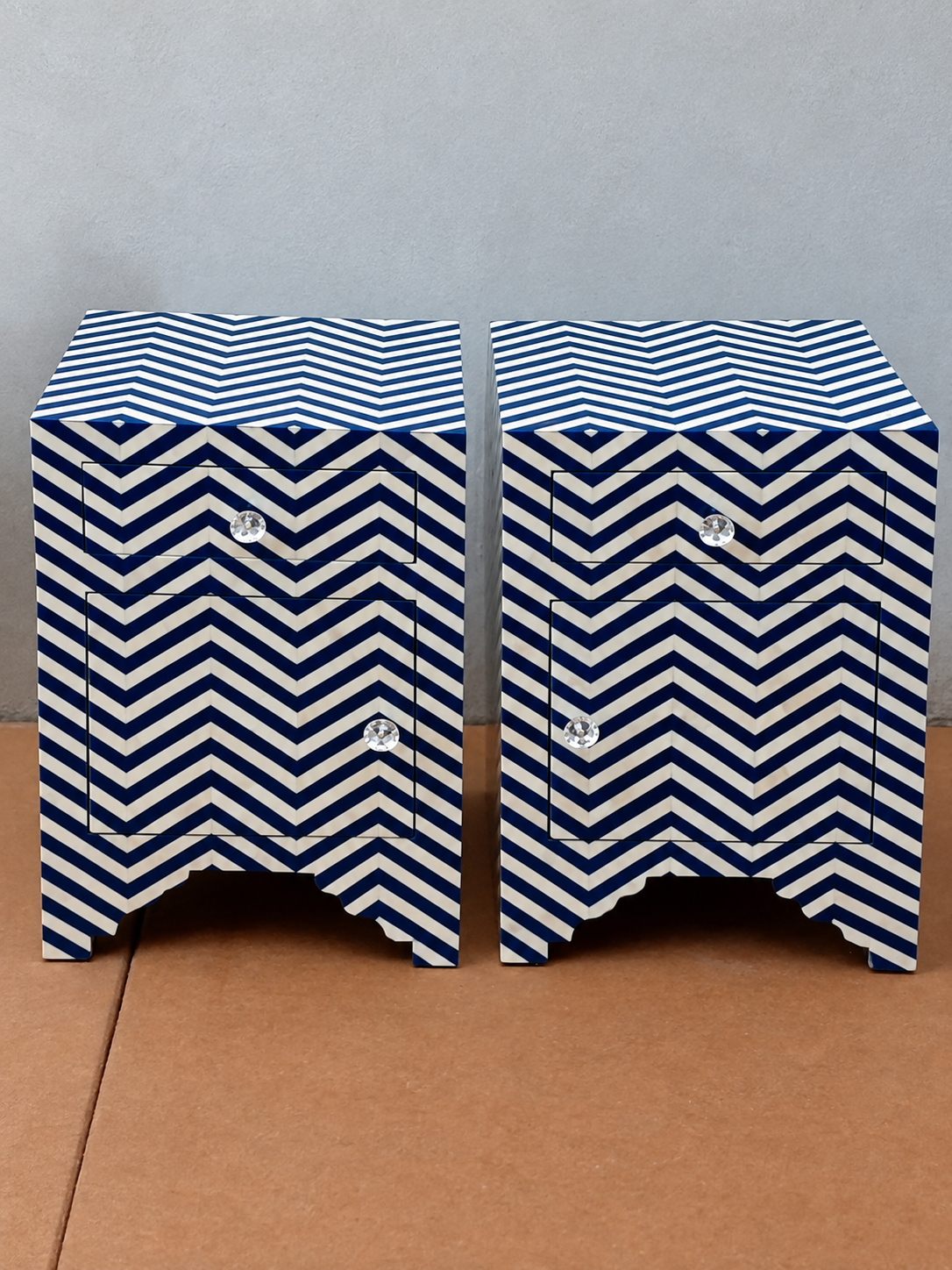 Set of 2 Handmade Blue Bone Inlay Bedside Tables – Chevron Nightstands with Drawer & Cabinet