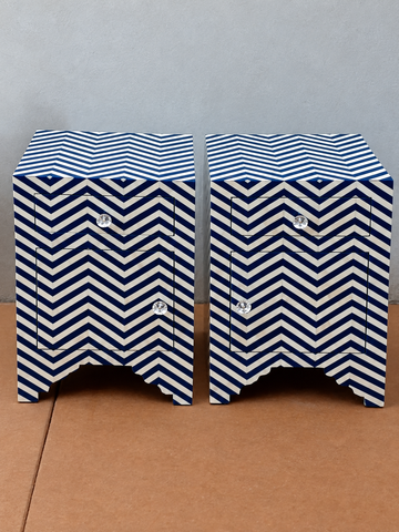 Set of 2 Handmade Blue Bone Inlay Bedside Tables – Chevron Nightstands with Drawer & Cabinet