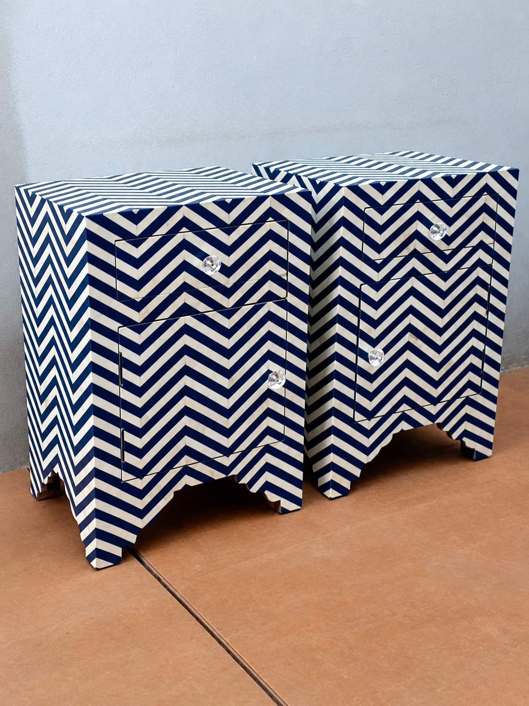 Set of 2 Handmade Blue Bone Inlay Bedside Tables – Chevron Nightstands with Drawer & Cabinet