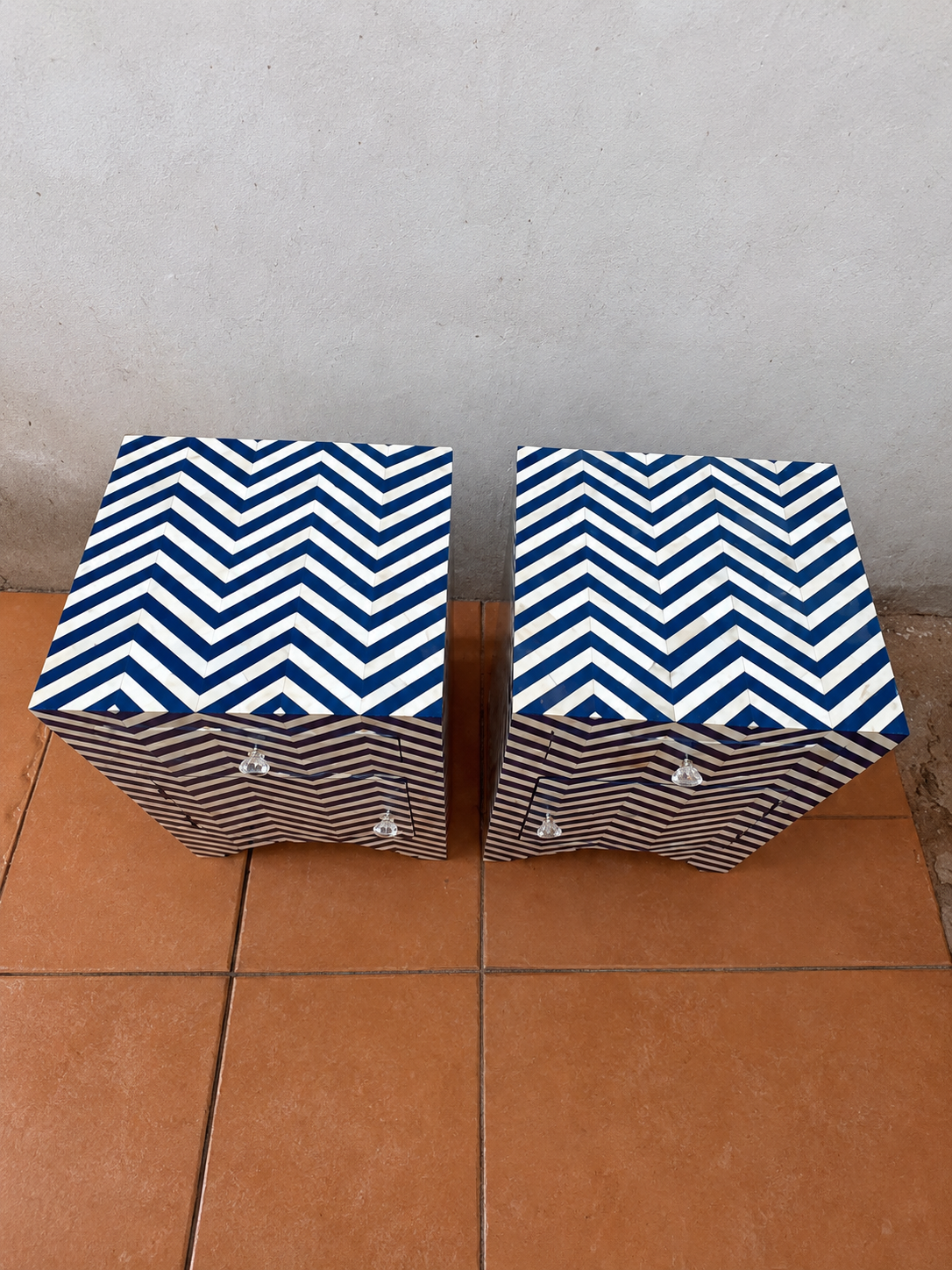 Set of 2 Handmade Blue Bone Inlay Bedside Tables – Chevron Nightstands with Drawer & Cabinet