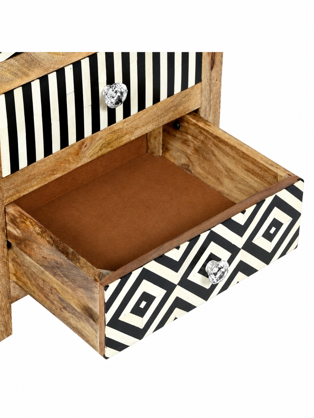 Handmade Black & White Bone Inlay Bedside Table – 3 Drawer Wooden Nightstand