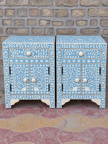 Set of 2 Handmade Light Blue Bone Inlay Bedside Tables – Floral Nightstands with Drawer & Cabinet