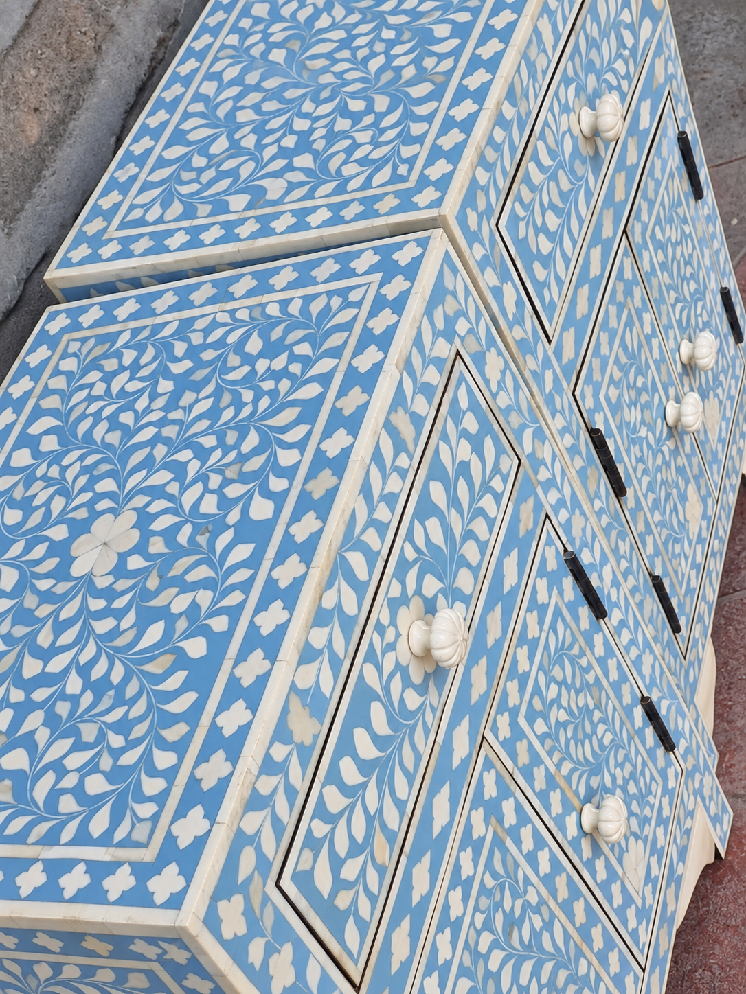 Set of 2 Handmade Light Blue Bone Inlay Bedside Tables – Floral Nightstands with Drawer & Cabinet