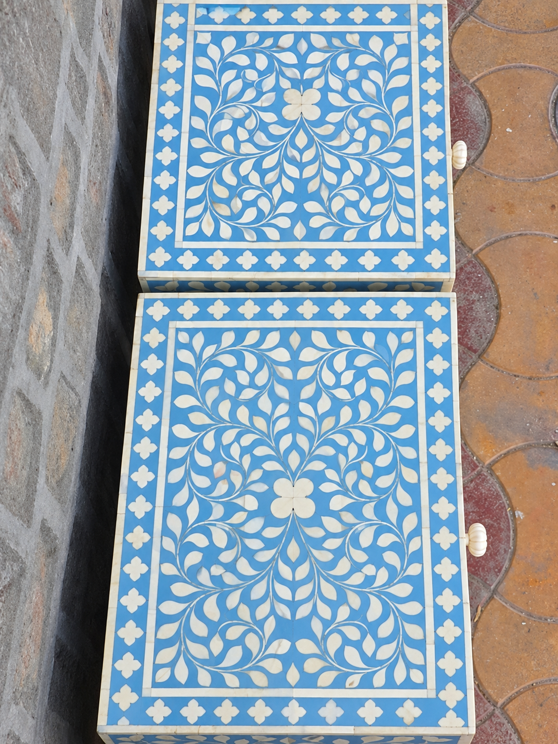 Set of 2 Handmade Light Blue Bone Inlay Bedside Tables – Floral Nightstands with Drawer & Cabinet
