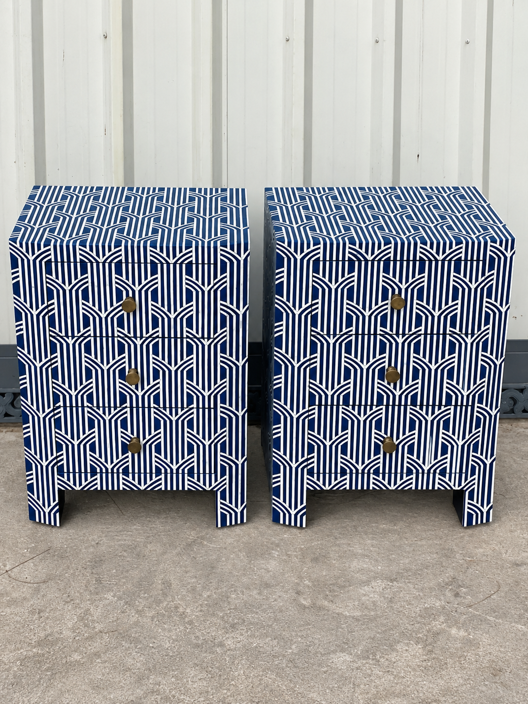 Set of 2 Handmade Navy Blue Bone Inlay Bedside Tables – Art Deco 3 Drawer Nightstands