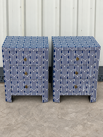 Set of 2 Handmade Navy Blue Bone Inlay Bedside Tables – Art Deco 3 Drawer Nightstands