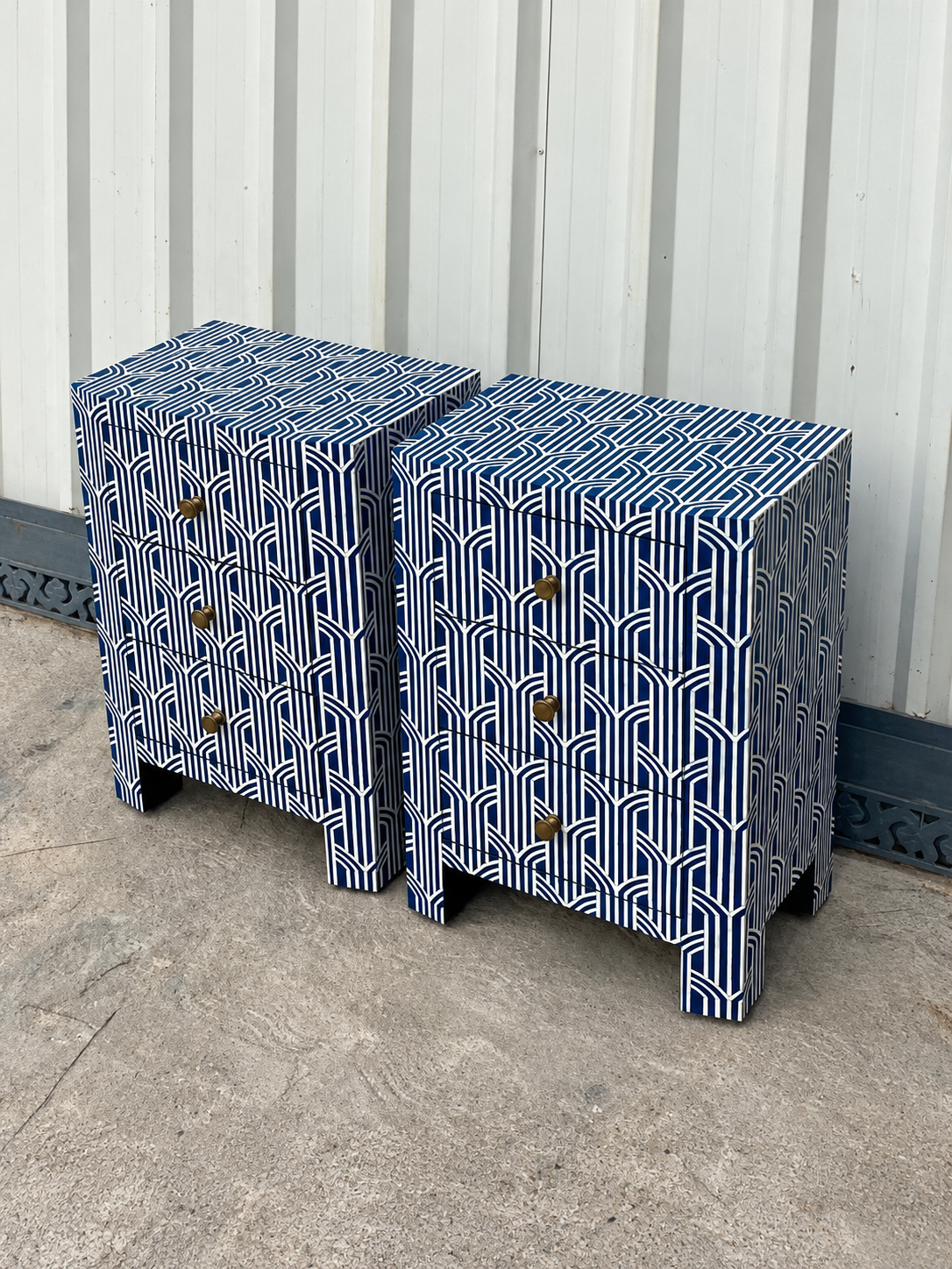 Set of 2 Handmade Navy Blue Bone Inlay Bedside Tables – Art Deco 3 Drawer Nightstands