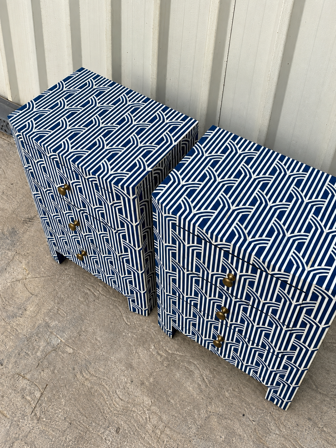 Set of 2 Handmade Navy Blue Bone Inlay Bedside Tables – Art Deco 3 Drawer Nightstands