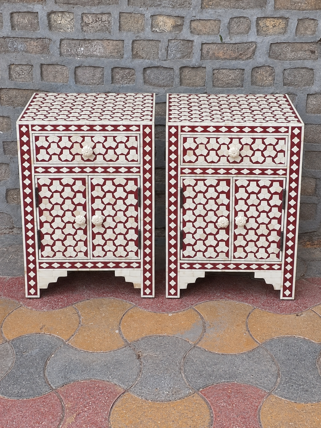 Set of 2 Handmade Red Bone Inlay Bedside Tables – 1 Drawer & 2 Door Nightstands