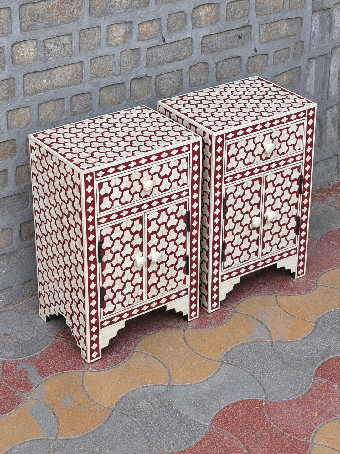 Set of 2 Handmade Red Bone Inlay Bedside Tables – 1 Drawer & 2 Door Nightstands