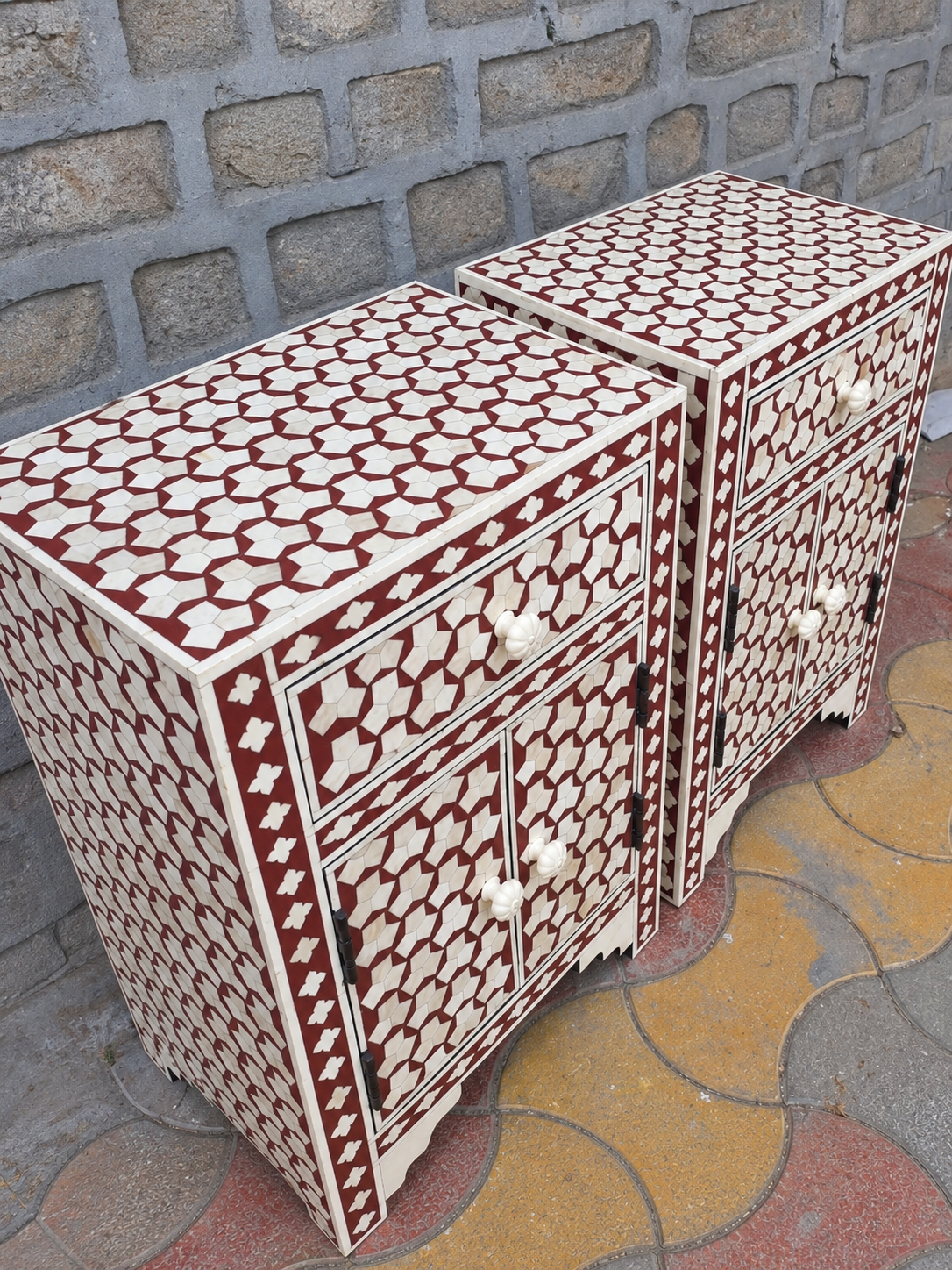 Set of 2 Handmade Red Bone Inlay Bedside Tables – 1 Drawer & 2 Door Nightstands