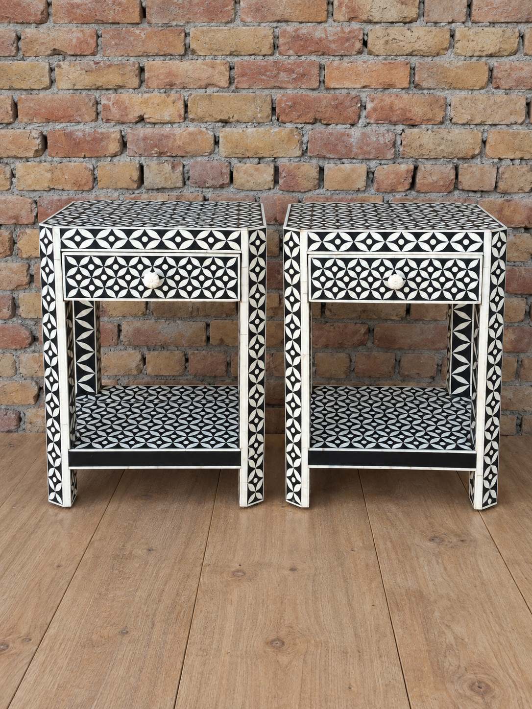 Set of 2 Handmade Black Bone Inlay Bedside Tables – 1 Drawer Nightstands with Shelf