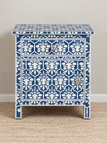 Handmade Blue Bone Inlay Bedside Table – Floral Design with Drawer & Cabinet