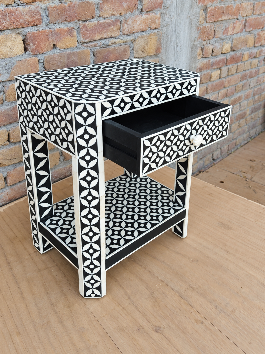 Set of 2 Handmade Black Bone Inlay Bedside Tables – 1 Drawer Nightstands with Shelf