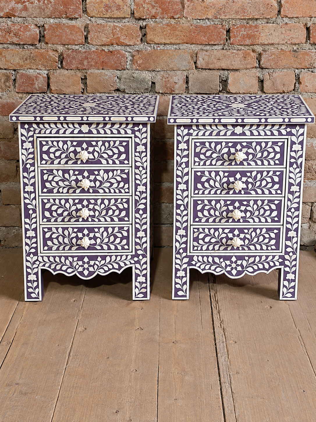 Set of 2 Handmade Purple Bone Inlay Bedside Tables – Floral 4 Drawer Nightstands
