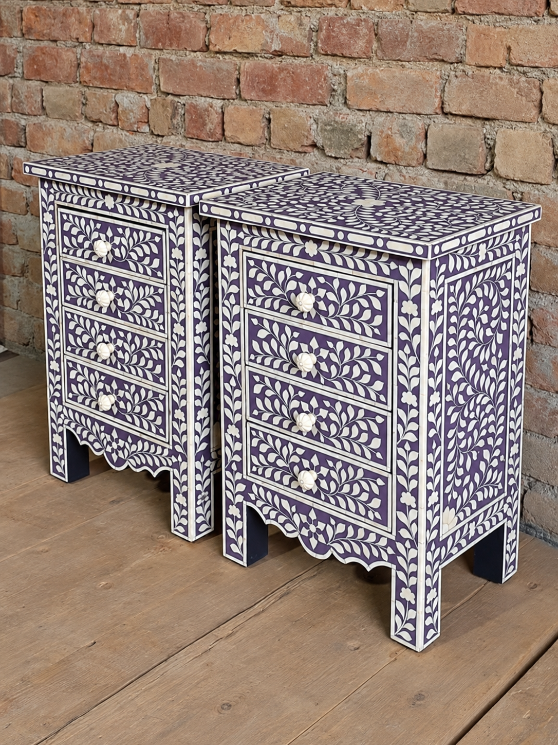 Set of 2 Handmade Purple Bone Inlay Bedside Tables – Floral 4 Drawer Nightstands