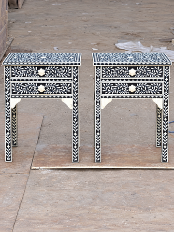 Set of 2 Handmade Black Bone Inlay Bedside Tables – Floral 2 Drawer Nightstands